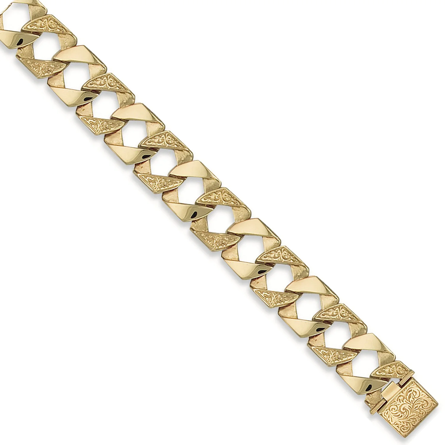 Yellow Gold 17mm Plain & Patterned Casted Curb Bracelet - 9ct Gold - Image 2