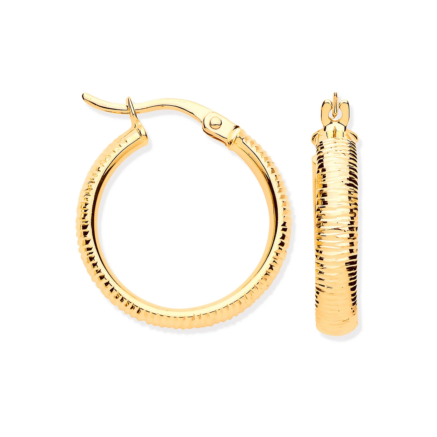 Yellow Gold 18mm Ribbed Hoop Earrings - 9ct Gold - Image 2
