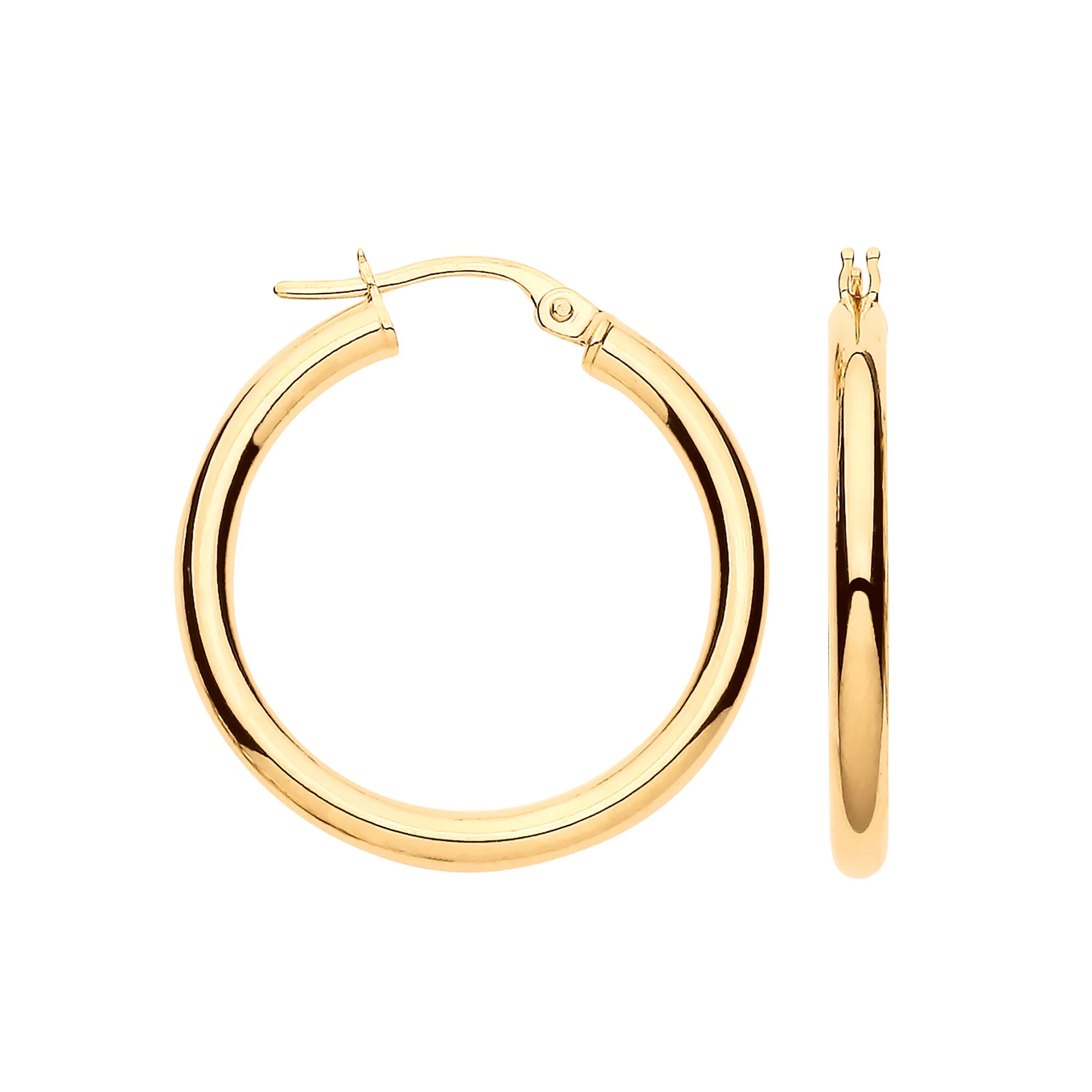 Yellow Gold 25mm Plain Tube Hoop Earrings - 9ct Gold - Image 2