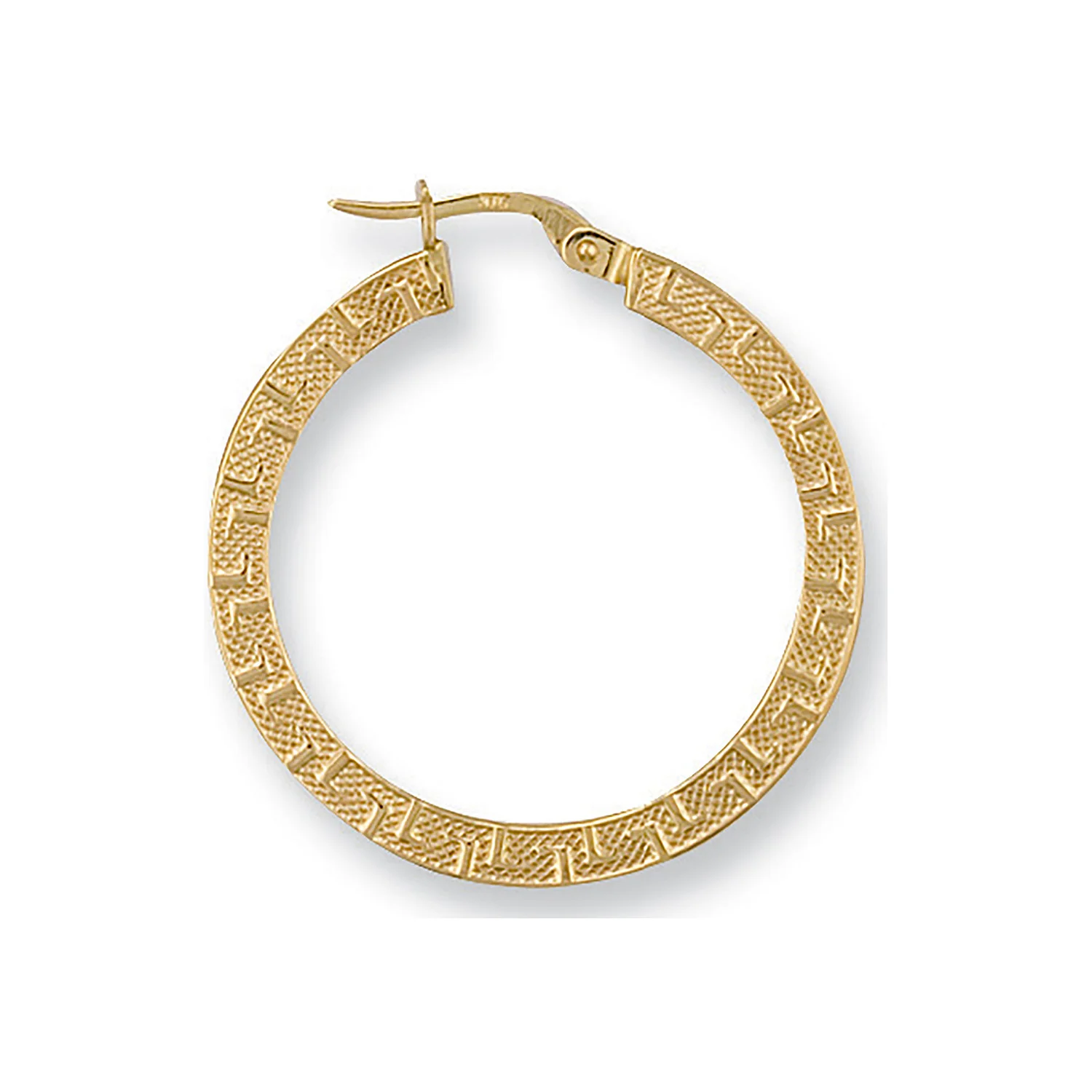 Yellow Gold 30mm Frosted Greek Key Hoop Earrings - 9ct Gold - Image 2