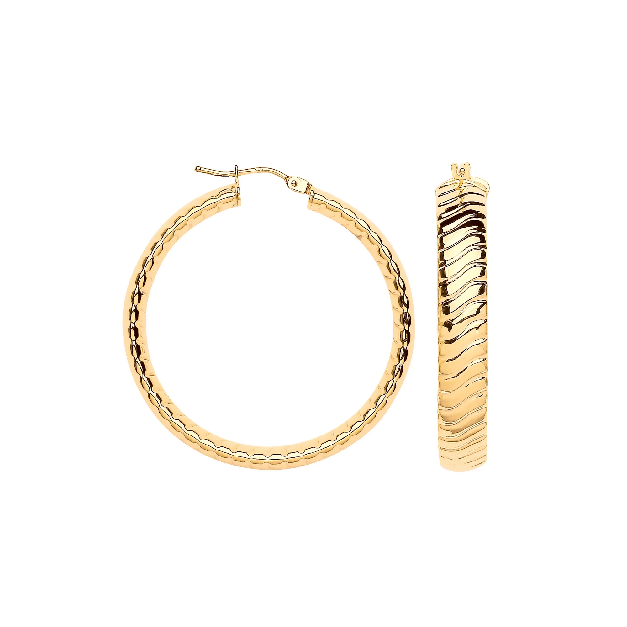 Yellow Gold 36mm Wavy Ribbed Hoop Earrings - 9ct Gold - Image 2