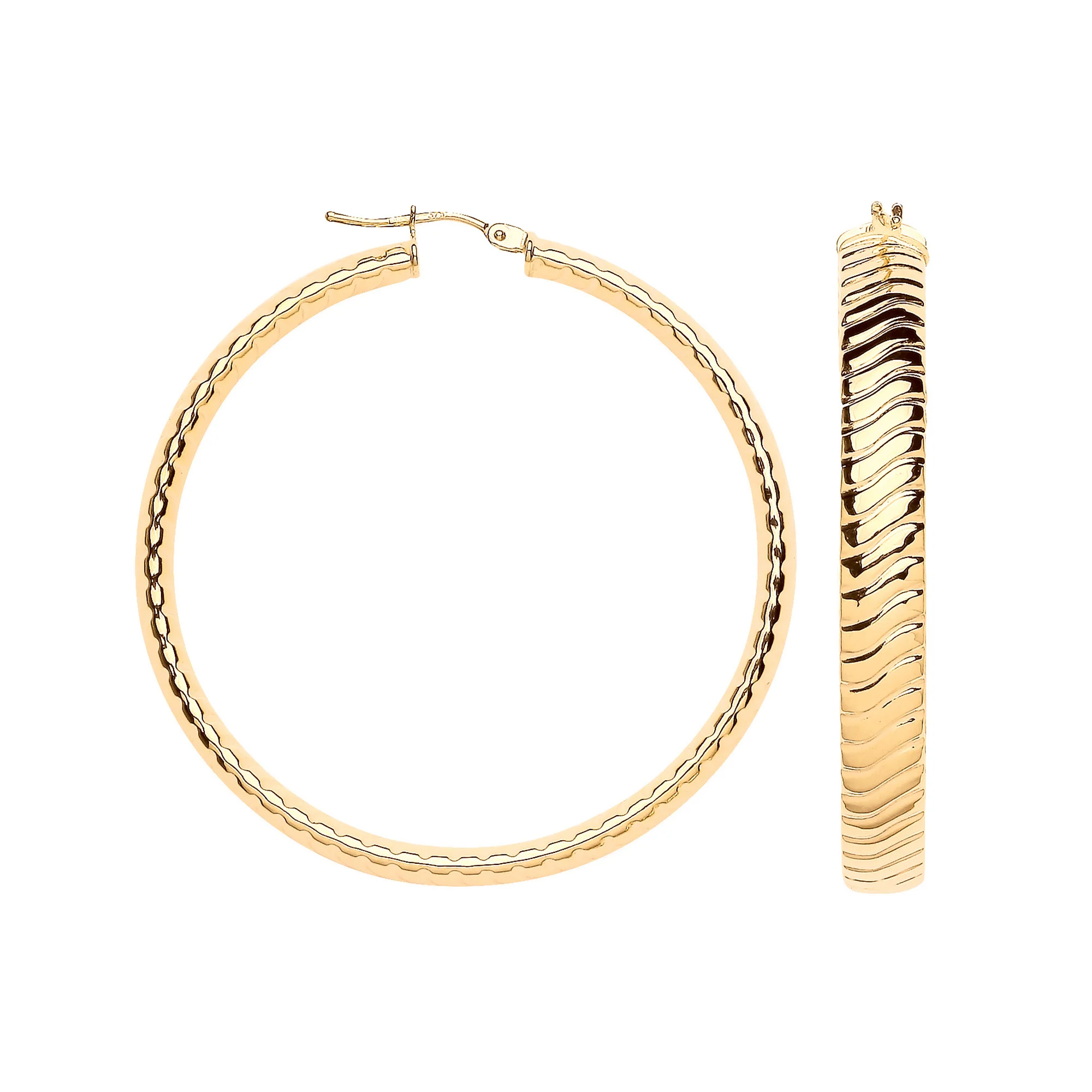 Yellow Gold 46mm Wavy Ribbed Hoop Earrings - 9ct Gold - Image 2