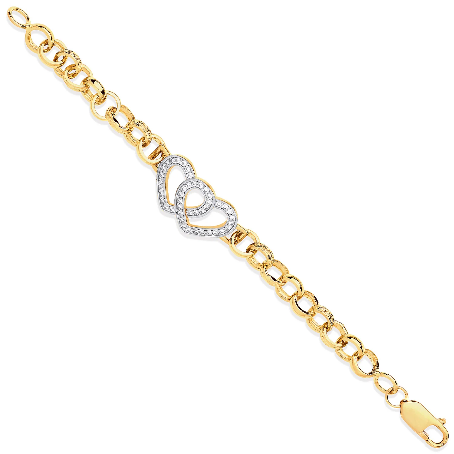 Yellow Gold Belcher Links Cubic Zirconia Hearts Baby Bracelet - 9ct Gold - Image 2