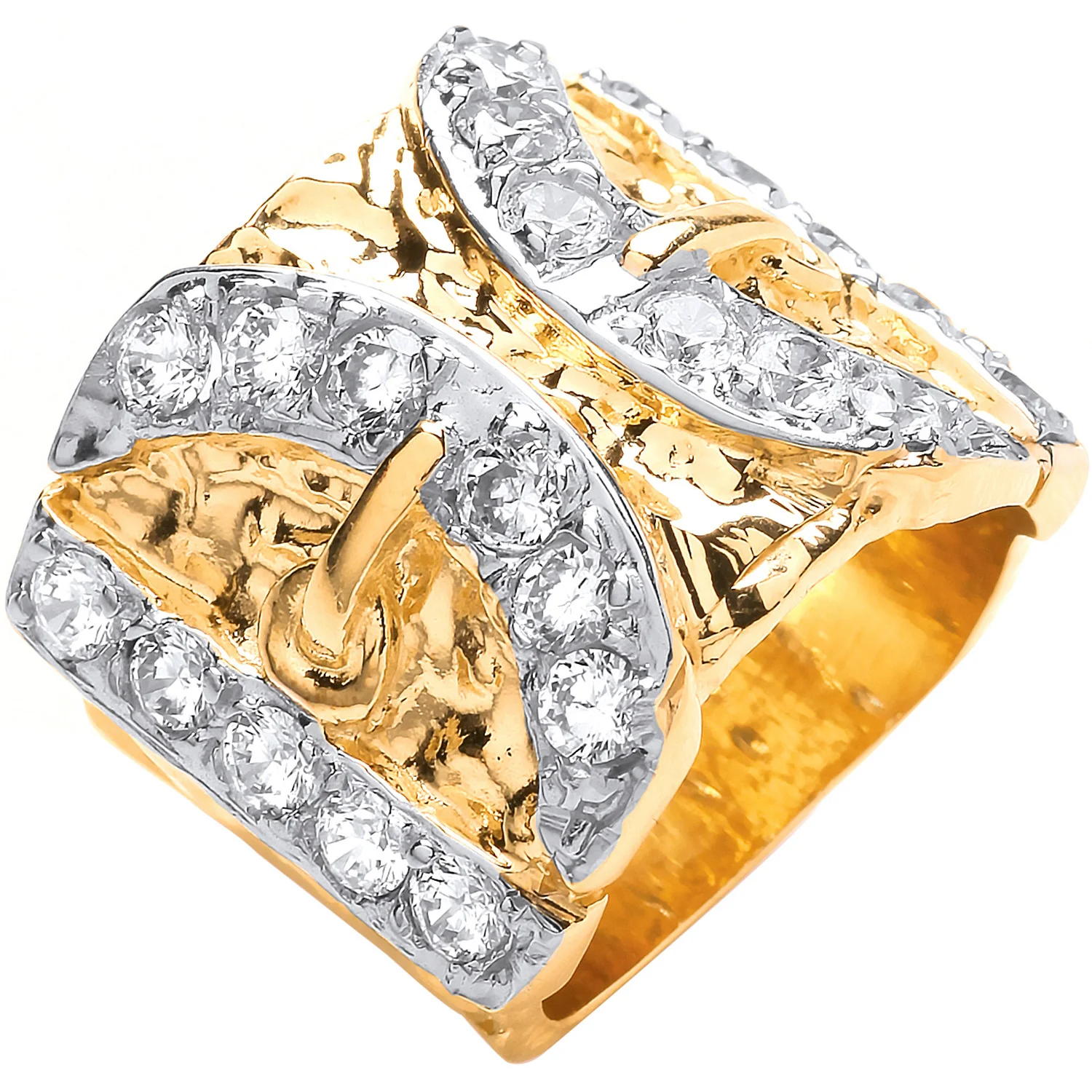 Yellow Gold Cubic Zirconias Buckle Gents Ring - 9ct Gold - Image 2