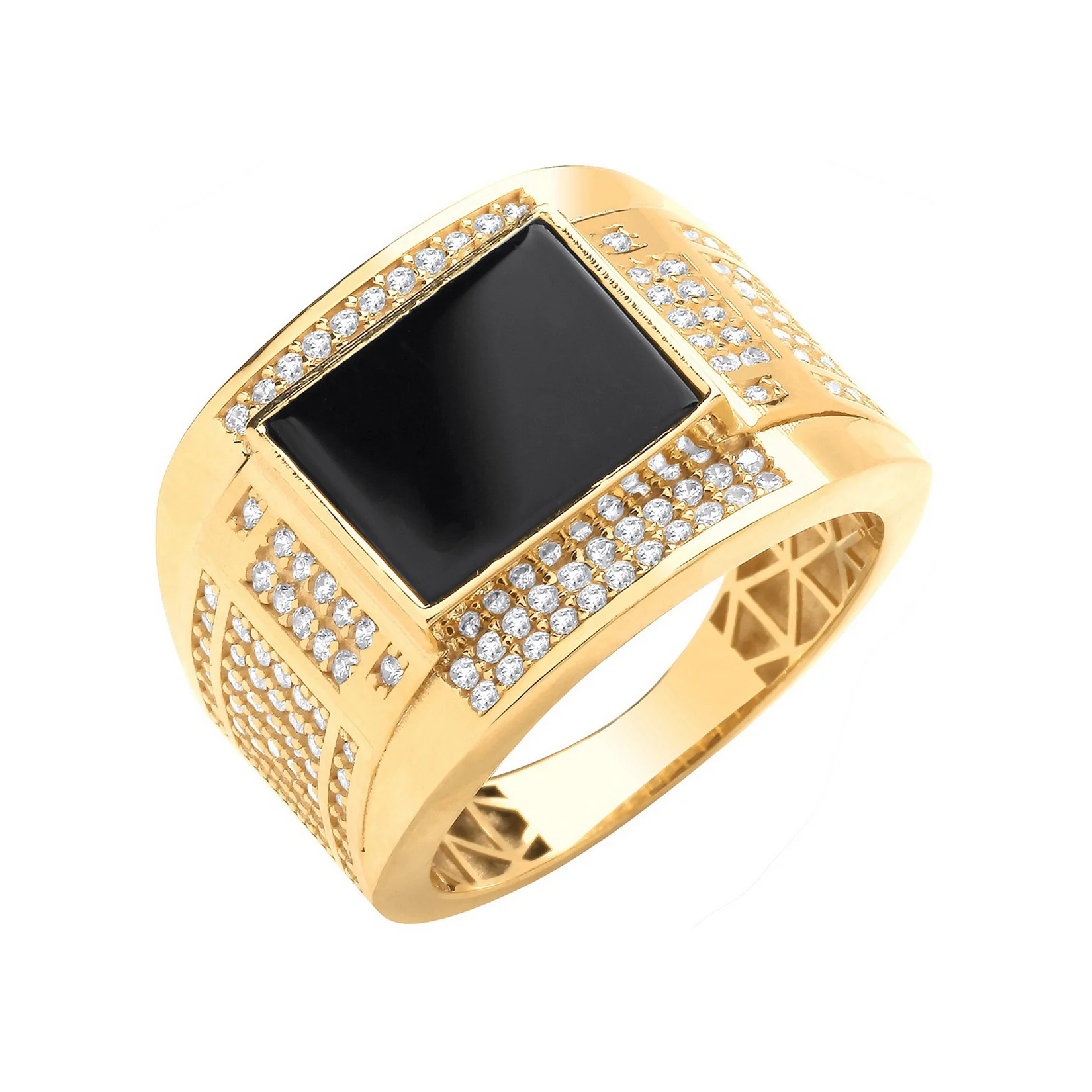 Yellow Gold Cubic Zirconias & ONYX Square Gents Ring - 9ct Gold - Image 2
