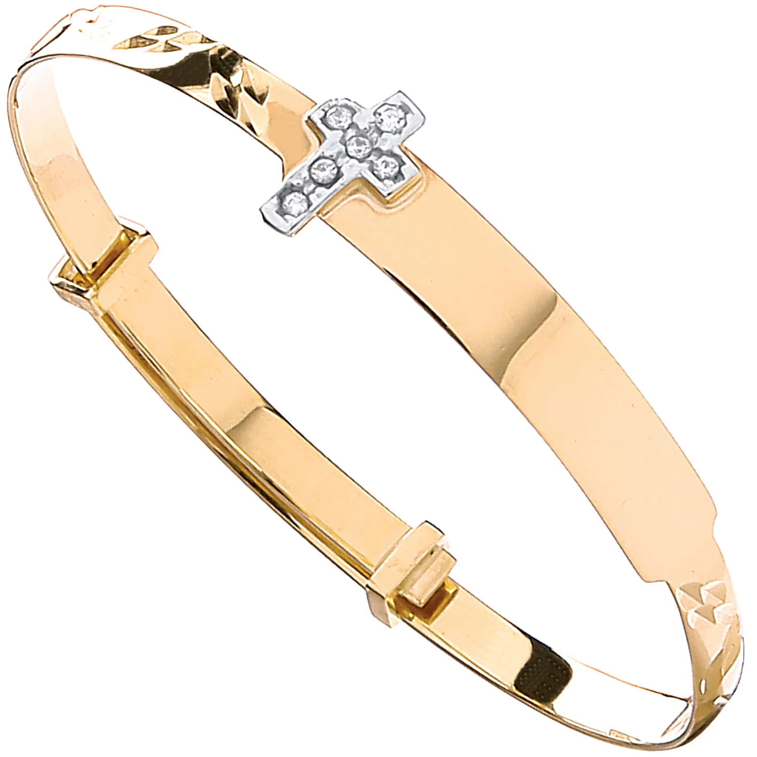 Yellow Gold D/C Expandable Baby Bangle Cubic Zirconia Cross - 9ct Gold - Image 2