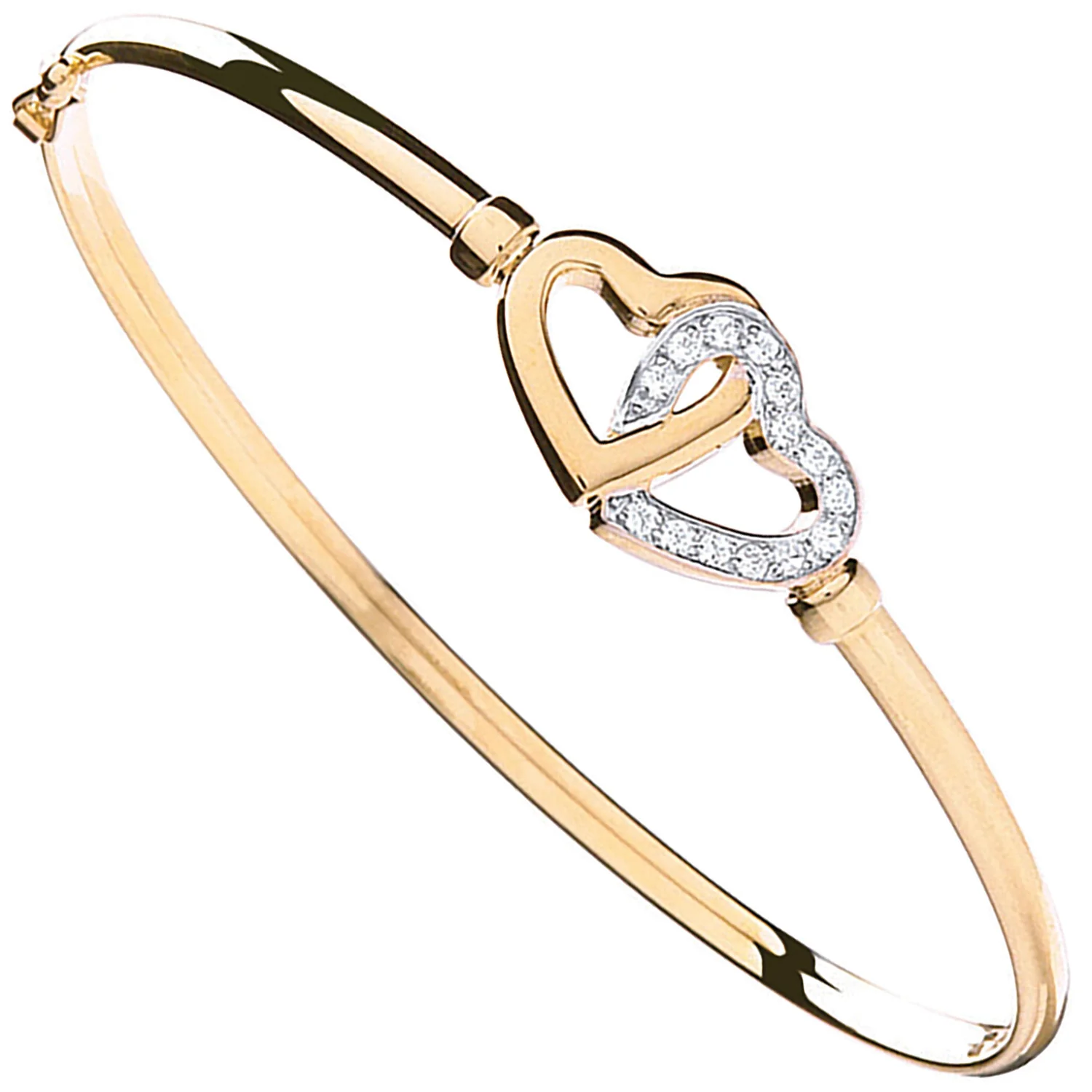 Yellow Gold Double Cubic Zirconia Heart Bangle - 9ct Gold - Image 2