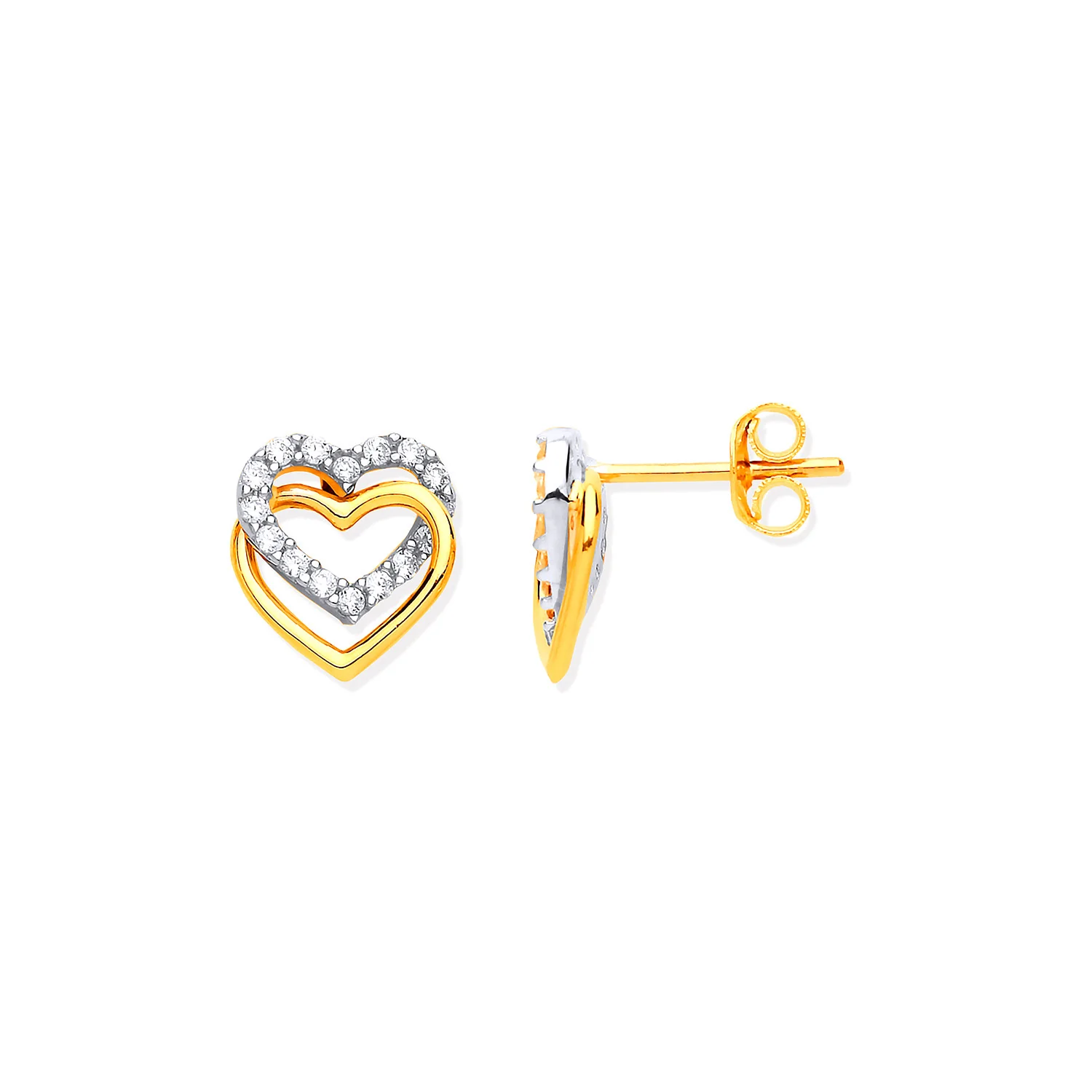 Yellow Gold Double Hearts, Plain & Cubic Zirconia's Stud Earrings - 9ct Gold - Image 2