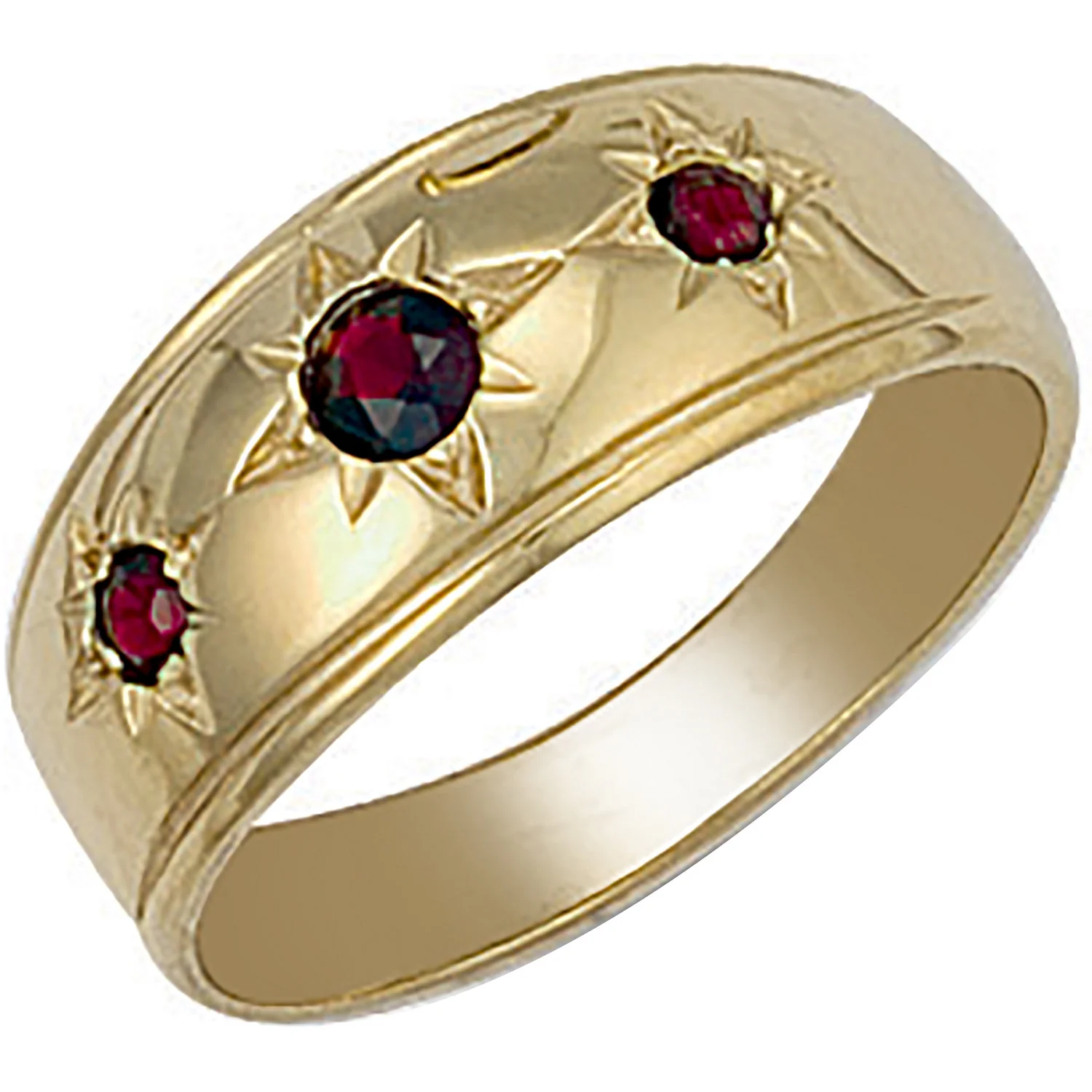 Yellow Gold Gents 3 Stone Garnet Ring - 9ct Gold - Image 2