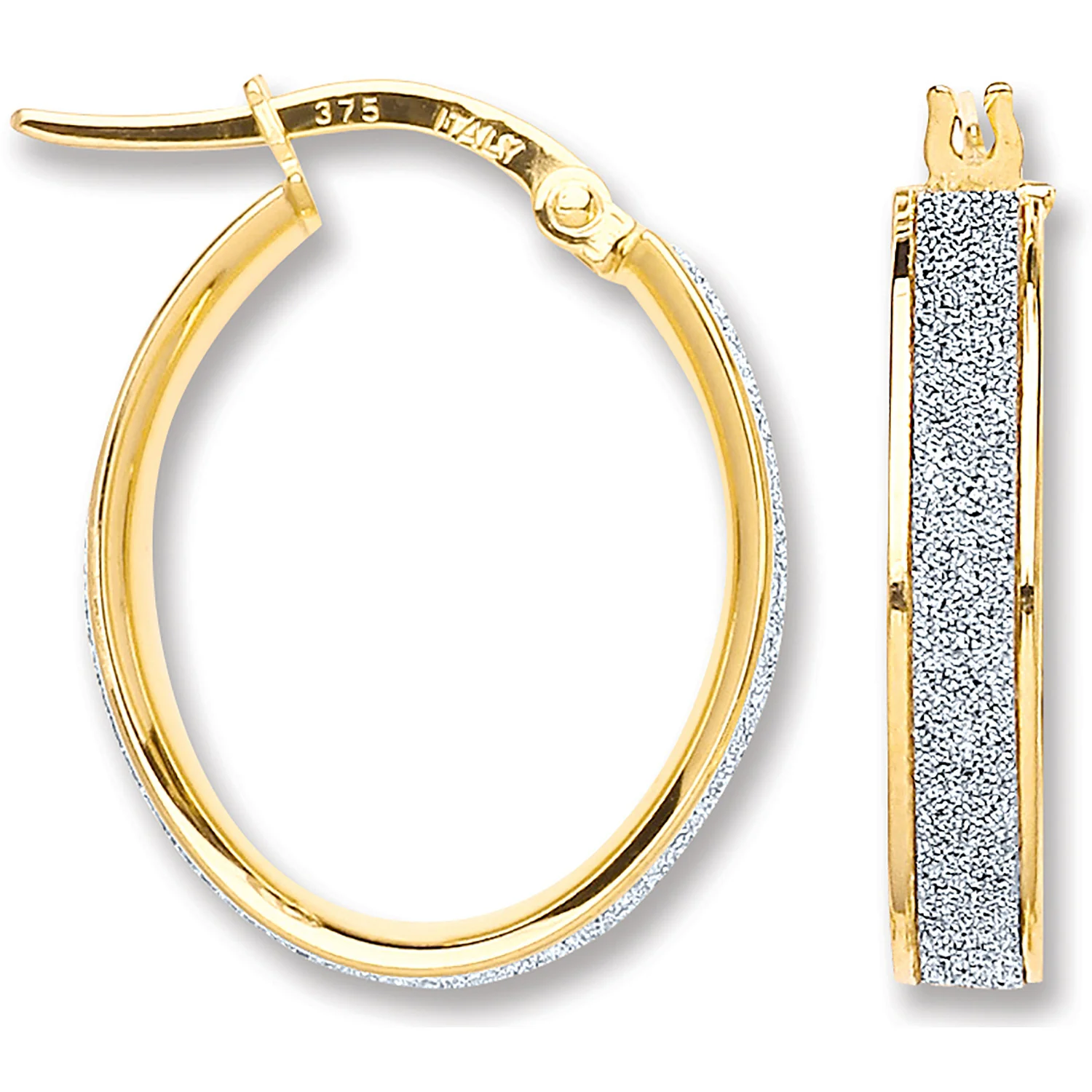 Yellow Gold Glitter Oval Hoop Earrings - 9ct Gold - Image 2