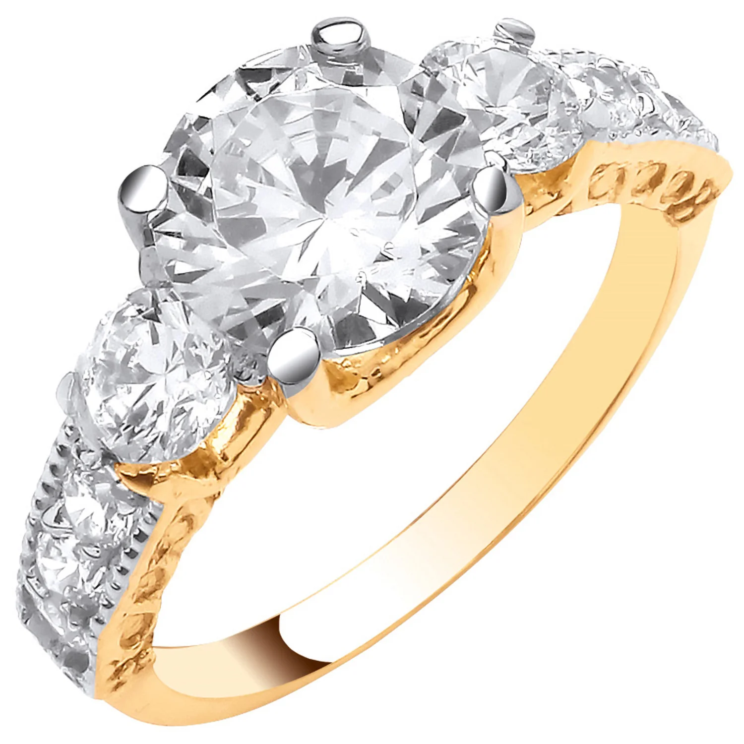 Yellow Gold Graduated Trilogy Ring with Shoulder Cubic Zirconias - 9ct Gold - Image 2