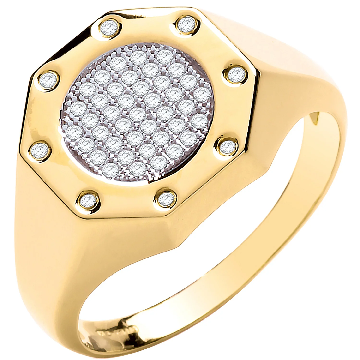 Yellow Gold Octagon Top Fashion Cubic Zirconia Gents Ring - 9ct Gold - Image 2