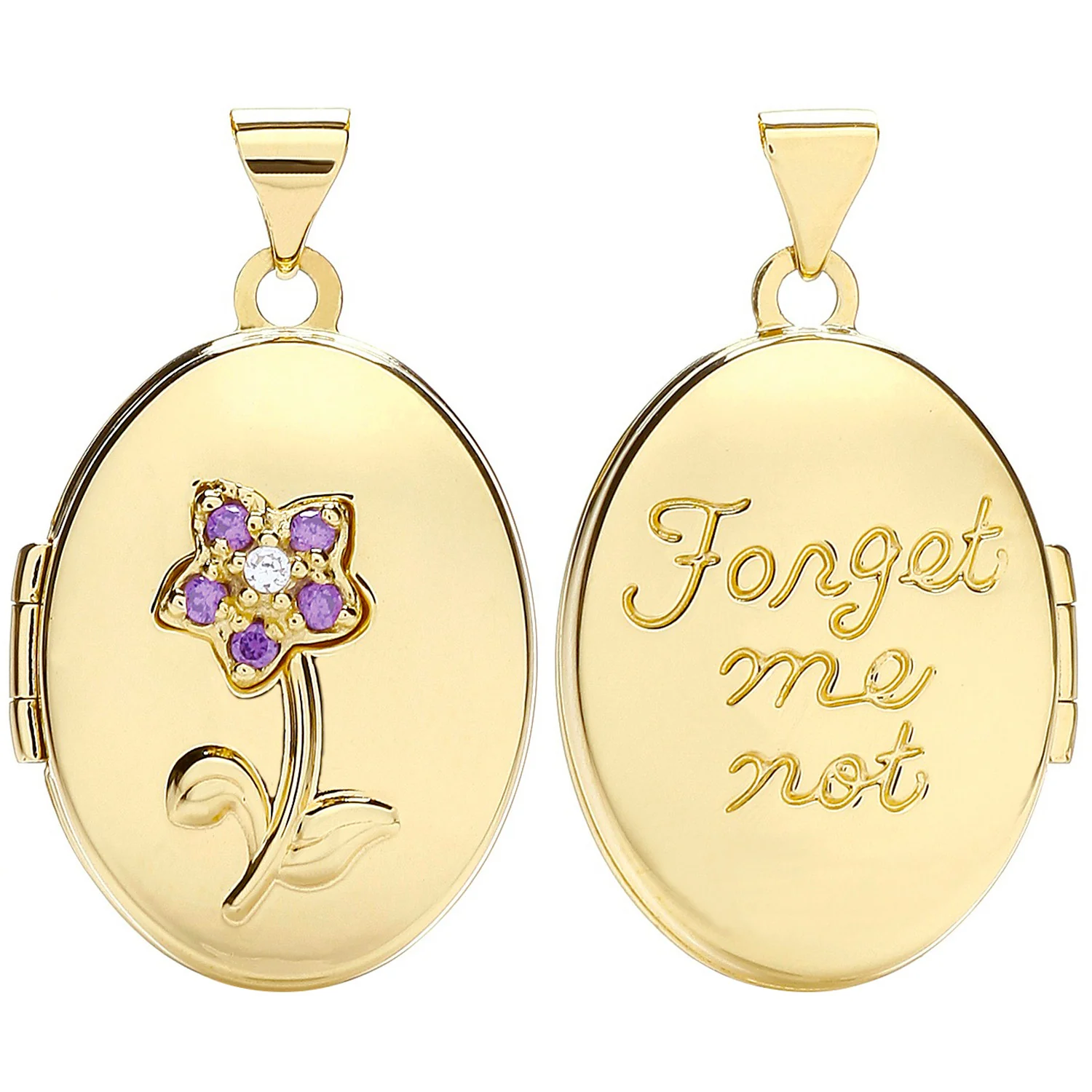 Yellow Gold Oval Double Sided Locket with Purple Cubic Zirconia - 9ct Gold