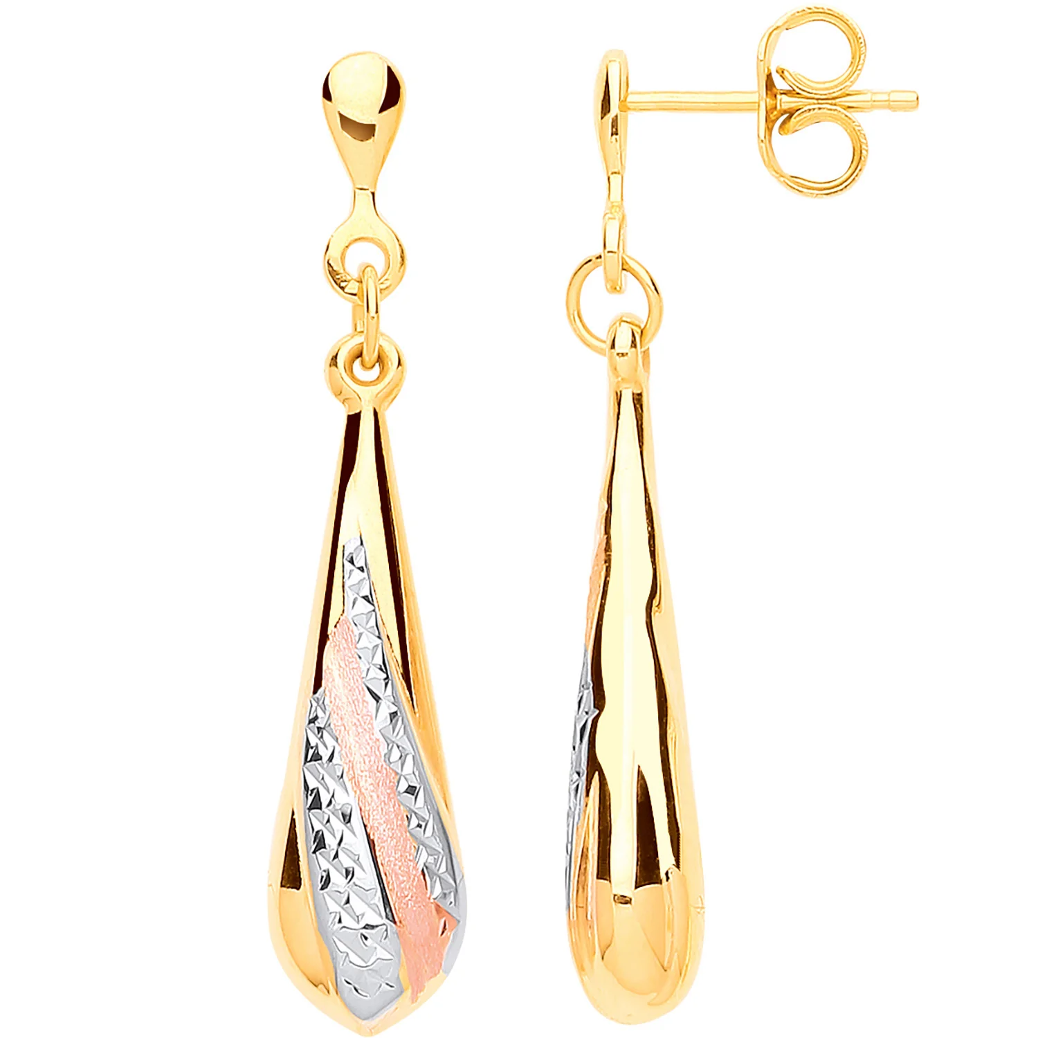 Yellow Gold, Rose Gold Satin Finish, White Gold Ribbed Drop Earrings - 9ct Gold - Image 2
