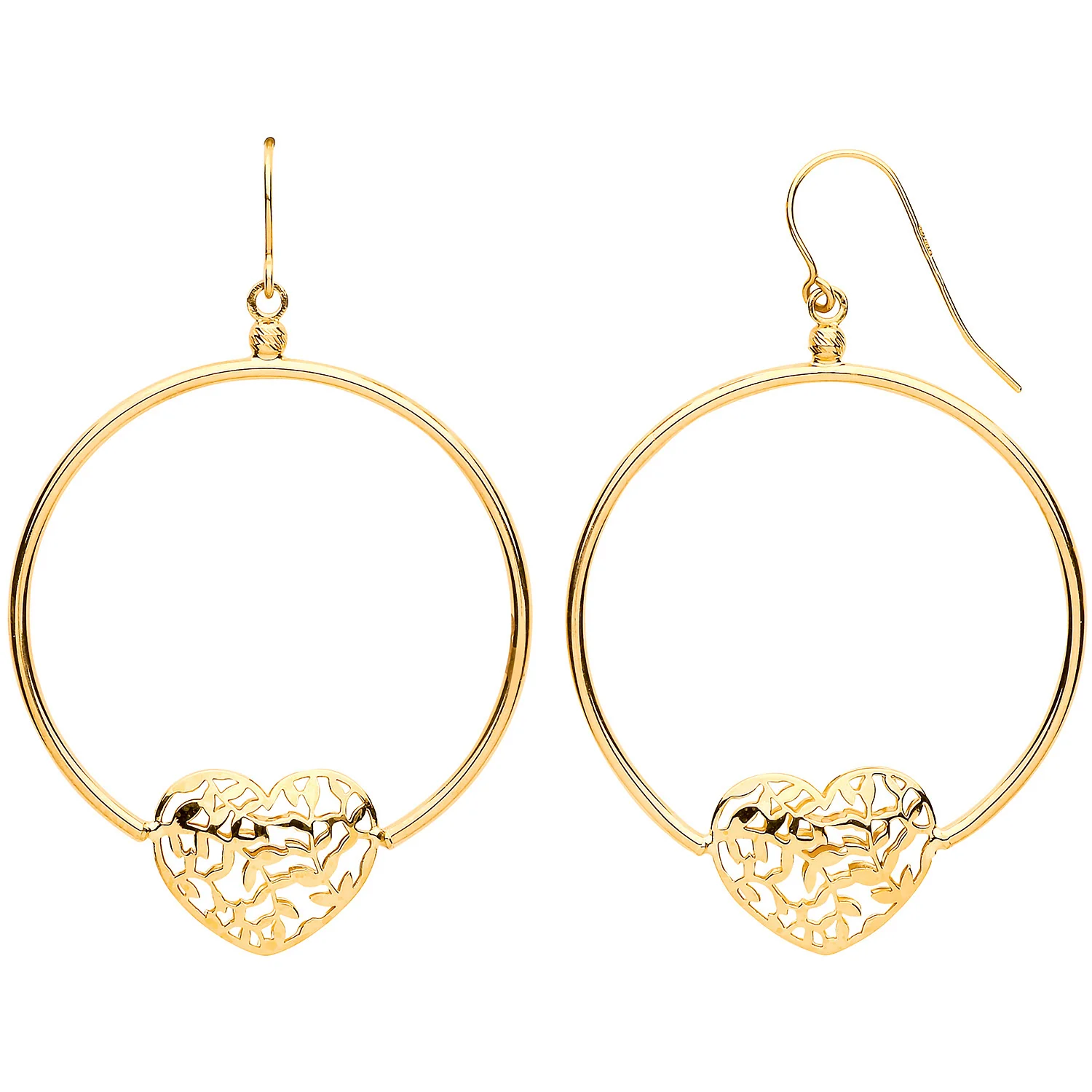 Yellow Gold Round Tube, Filigree Heart, Hook Style Earrings - 9ct Gold - Image 3