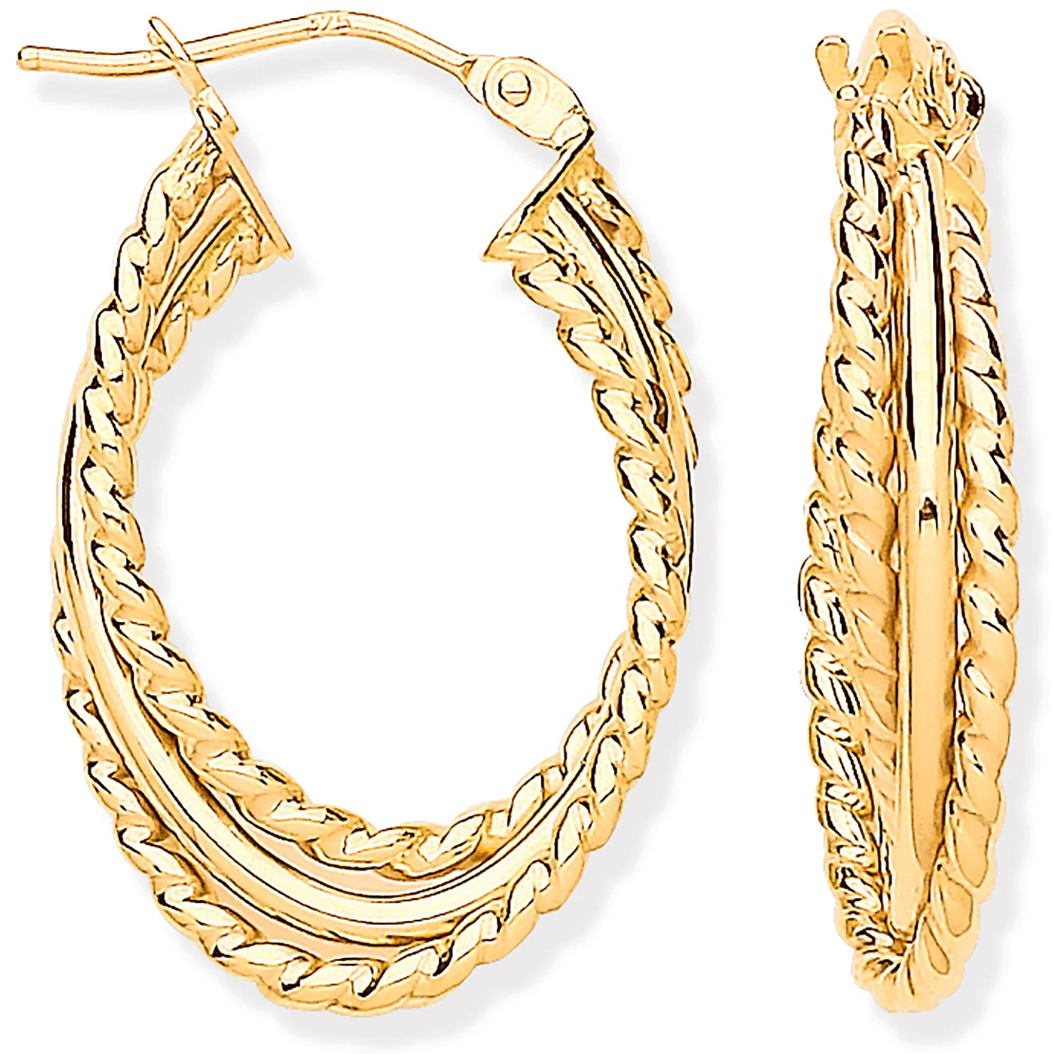 Yellow Gold Triple Layer Ribbed & Plain Oval Hoop Earrings - 9ct Gold - Image 2
