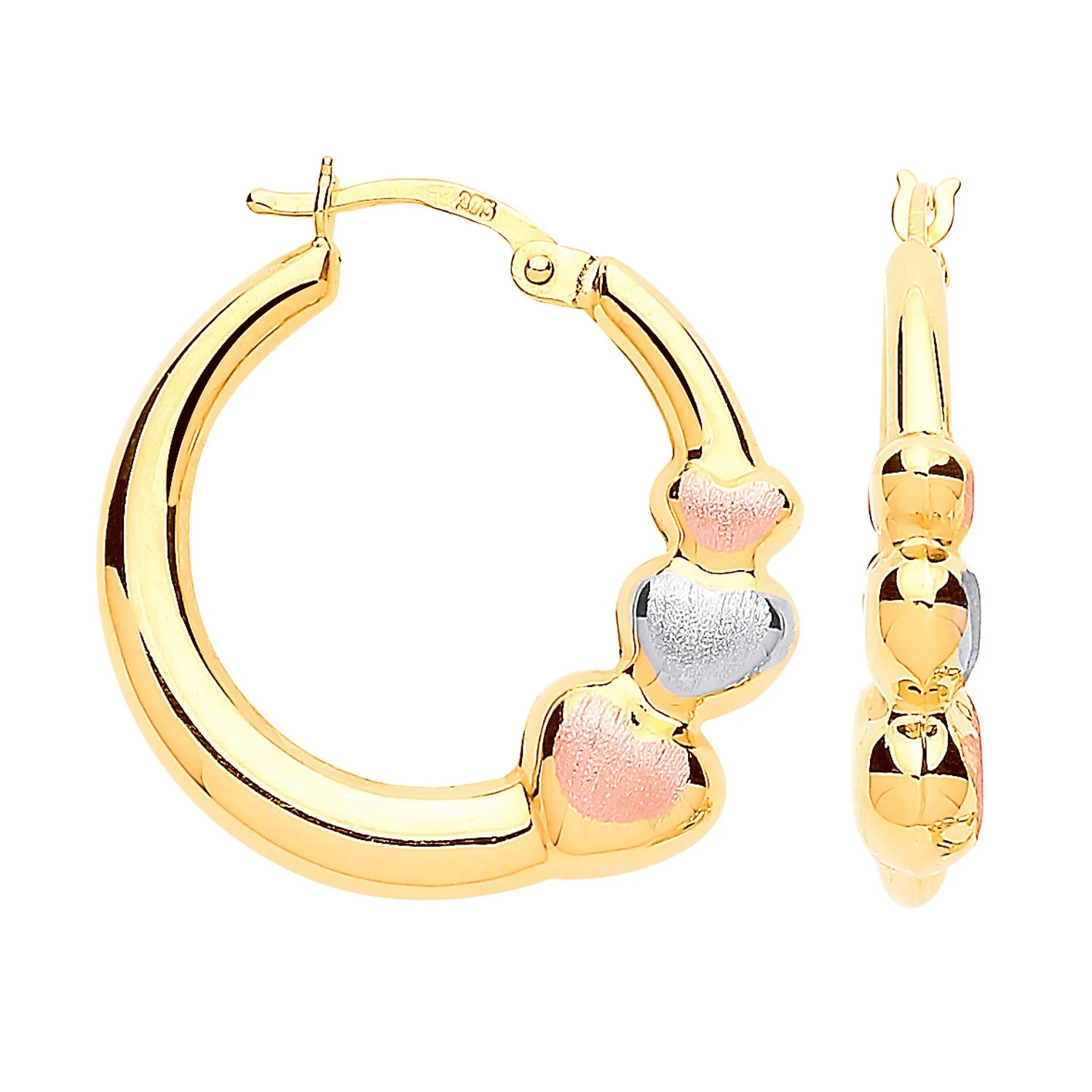 Yellow Gold with R&White Gold Satin Finish Large Hearts Hoop Earrings - 9ct Gold - Image 2