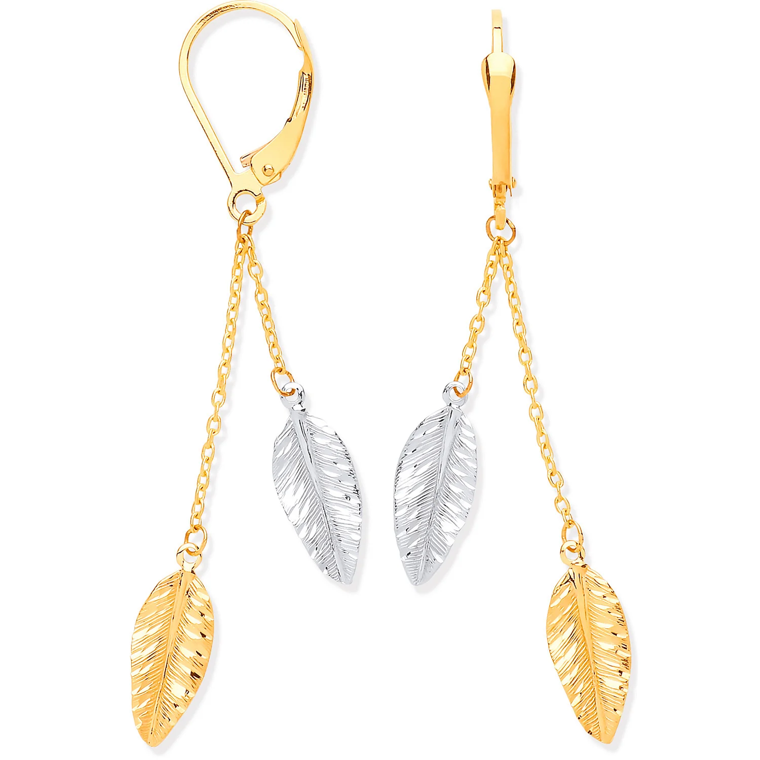 Yellow & White Gold Leaf Drop Earrings - 9ct Gold - Image 2