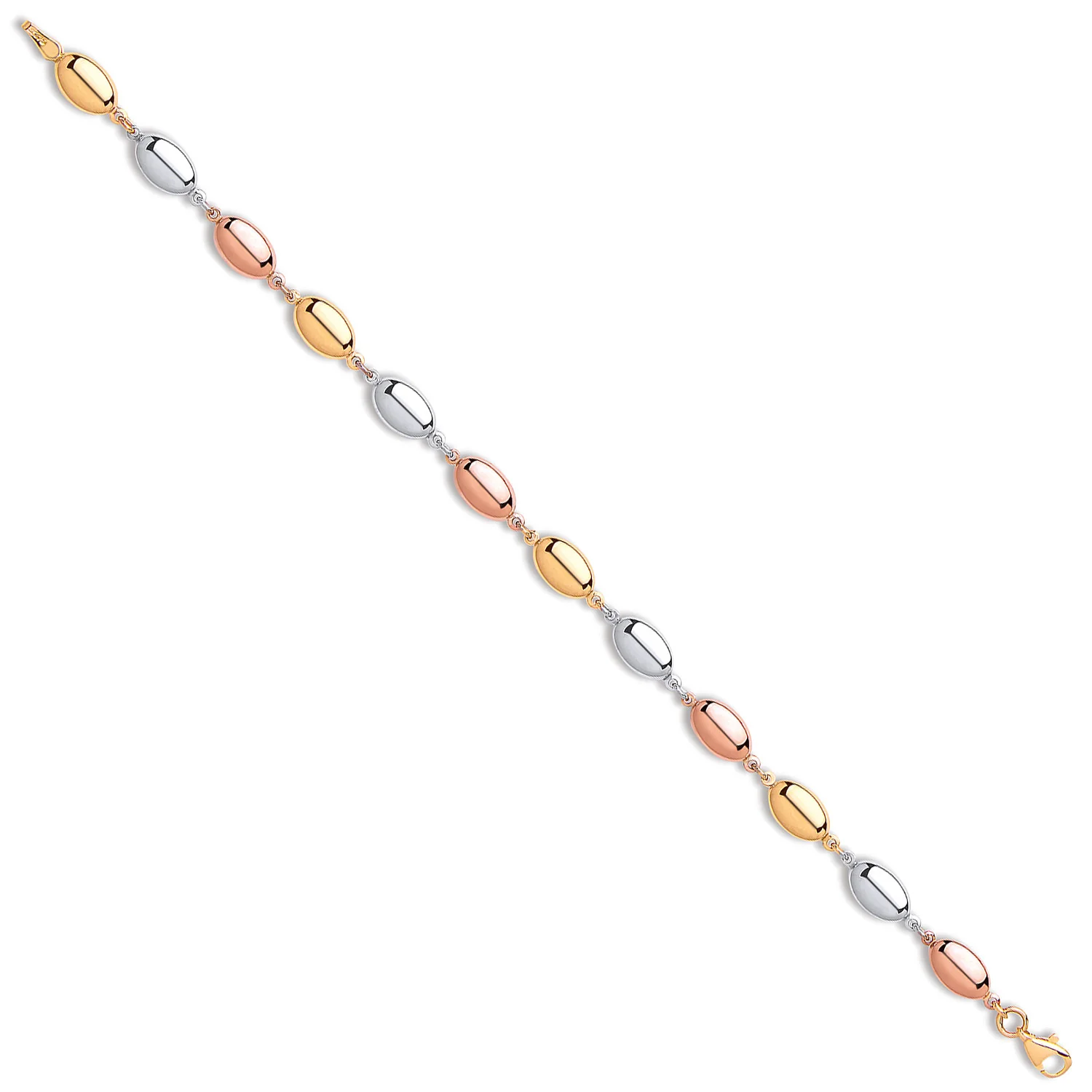 Yellow White & Rose Gold Oval Bead Ladies Bracelet - 9ct Gold - Image 2