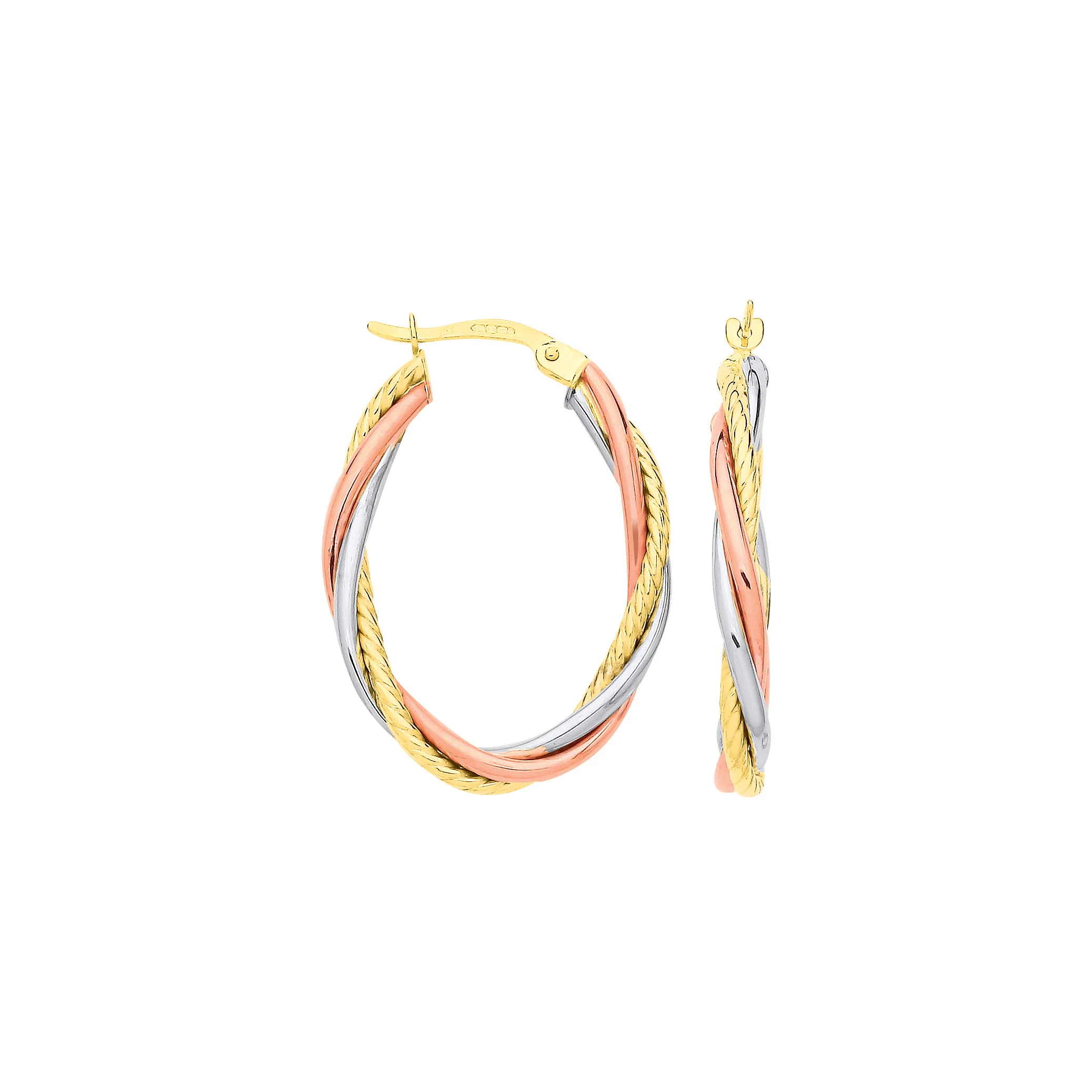 Yellow White & Rose Gold Russian Wedding Oval Hoop Earrings - 9ct Gold - Image 2