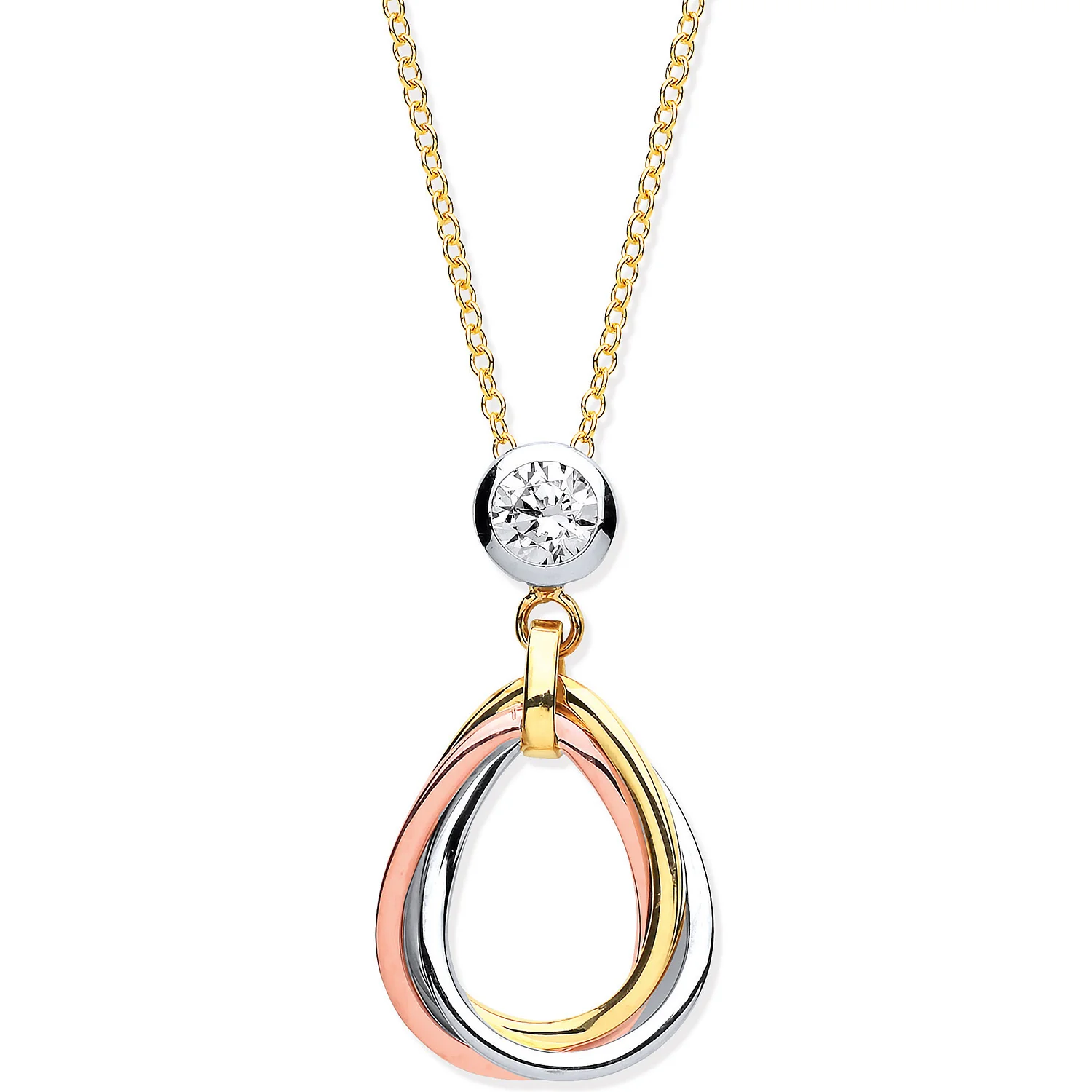 Yellow, White & Rose Gold Teardrop Tubes Pendant on 18" Chain - 9ct Gold - Image 2